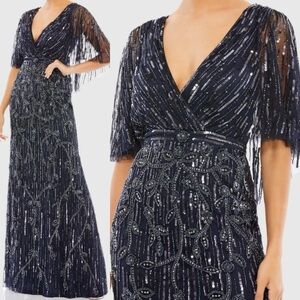 Mac Duggal 9064 | Navy Embellished Cap Sleeve Faux Wrap Trumpet Gown | Size 14